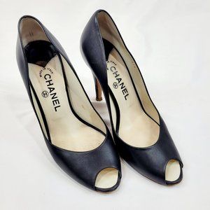 Chanel Black Leather Interlocking CC Peep Toe Pump